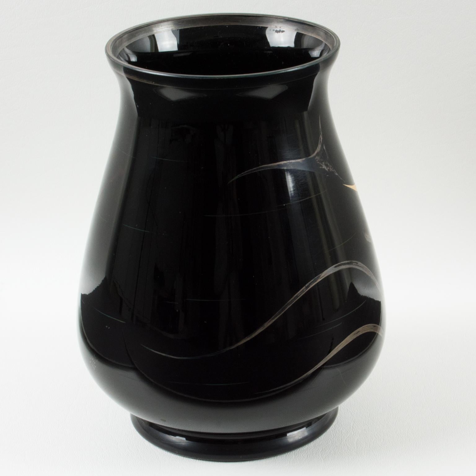 Michel Herman HEM Art Deco Silver Overlay Black Glass Vase, France 1930s In Good Condition In Atlanta, GA