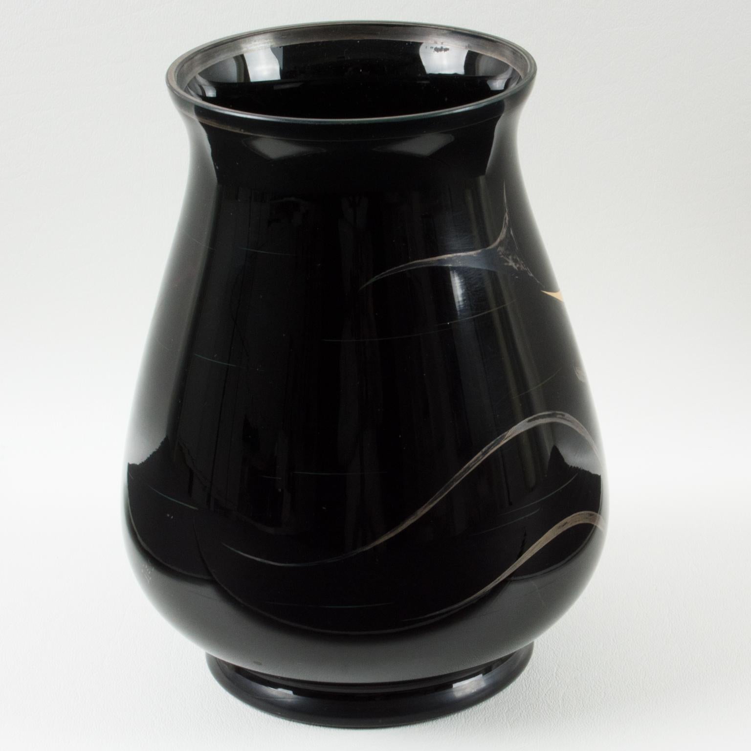 Français Michel Herman HEM Art Deco Silver Overlay Black Glass Vase, France 1930s en vente