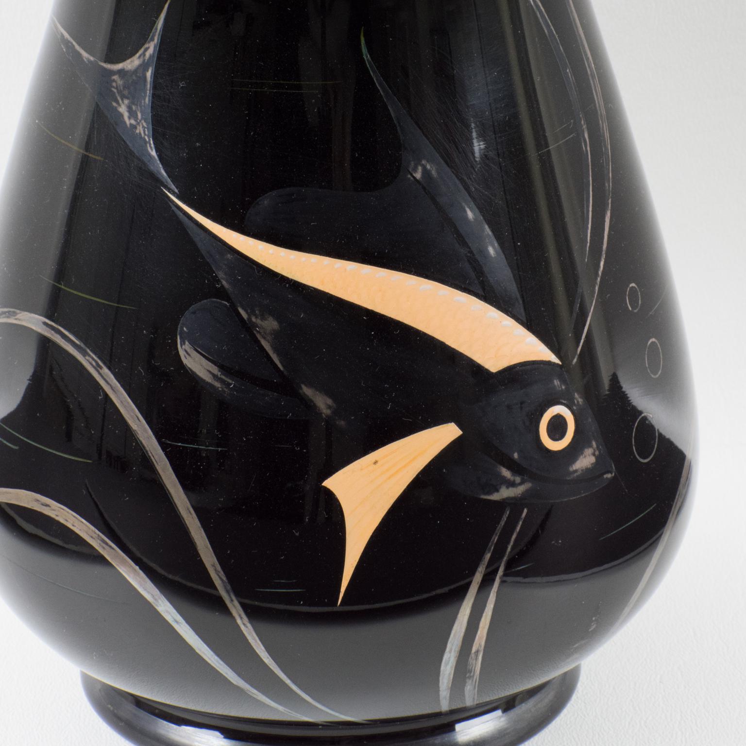 Michel Herman HEM Art Deco Silver Overlay Black Glass Vase, France 1930s 2