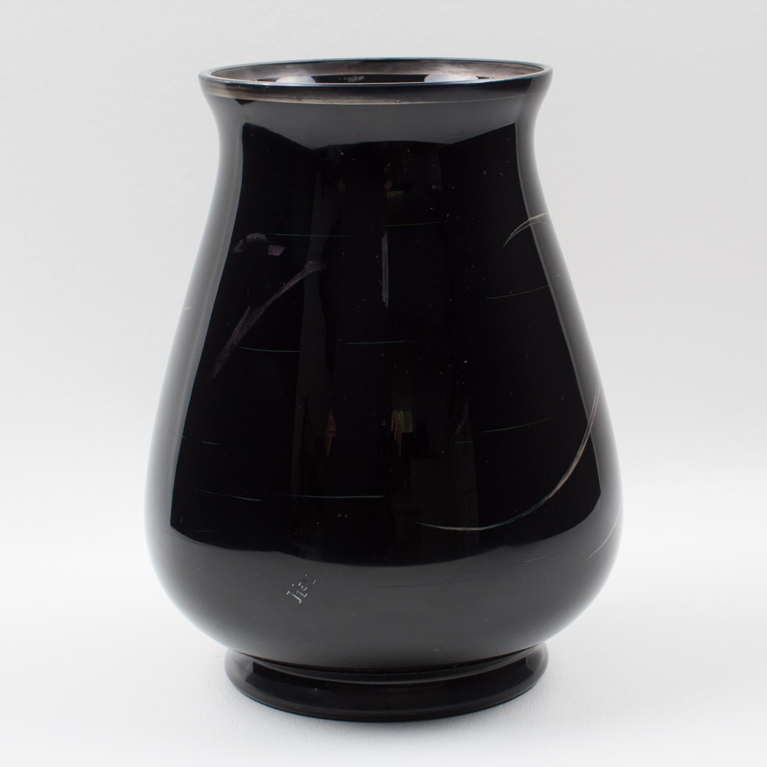 Michel Herman HEM Art Deco Silver Overlay Black Glass Vase, France 1930s For Sale 4