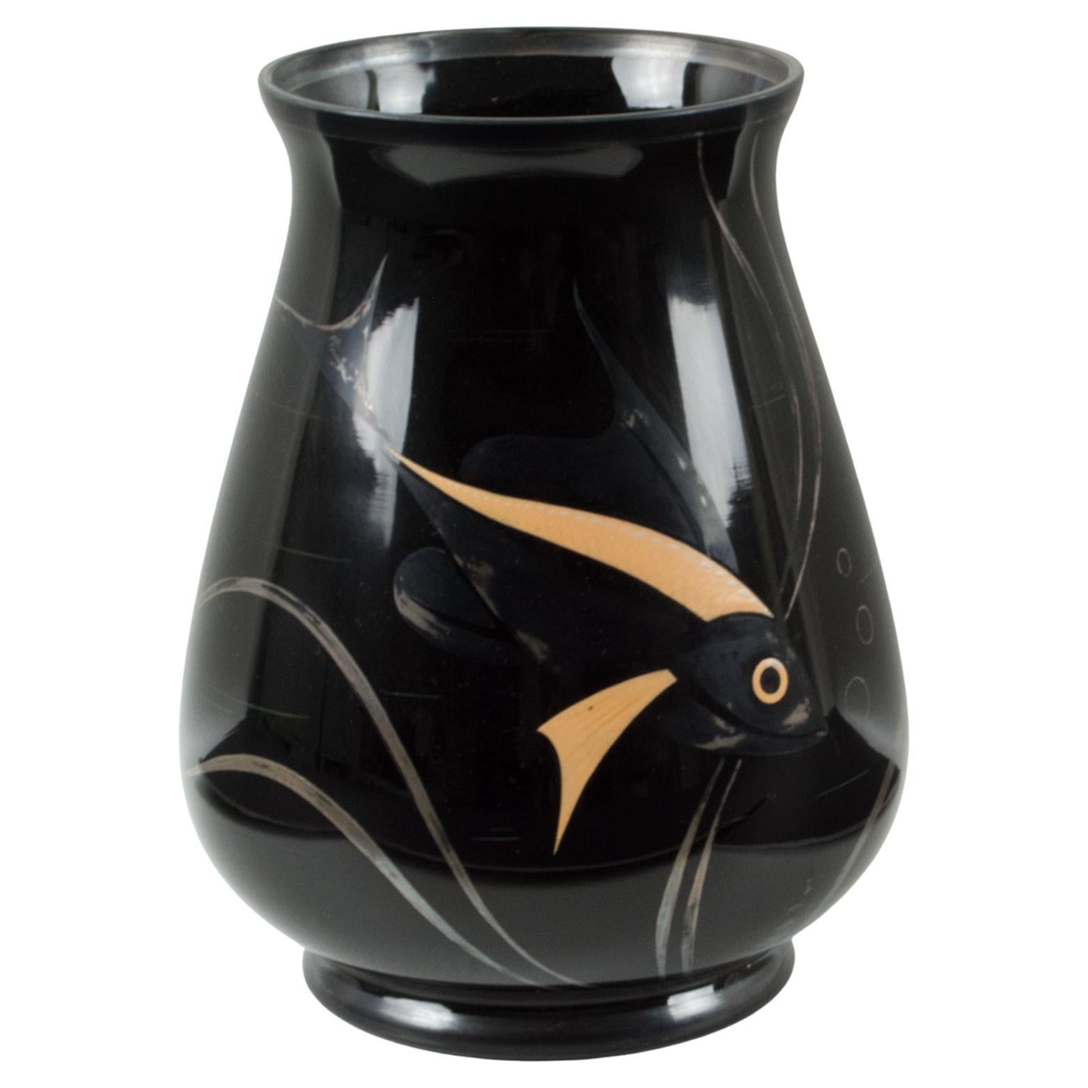 Michel Herman HEM Art Deco Silver Overlay Black Glass Vase, France 1930s en vente