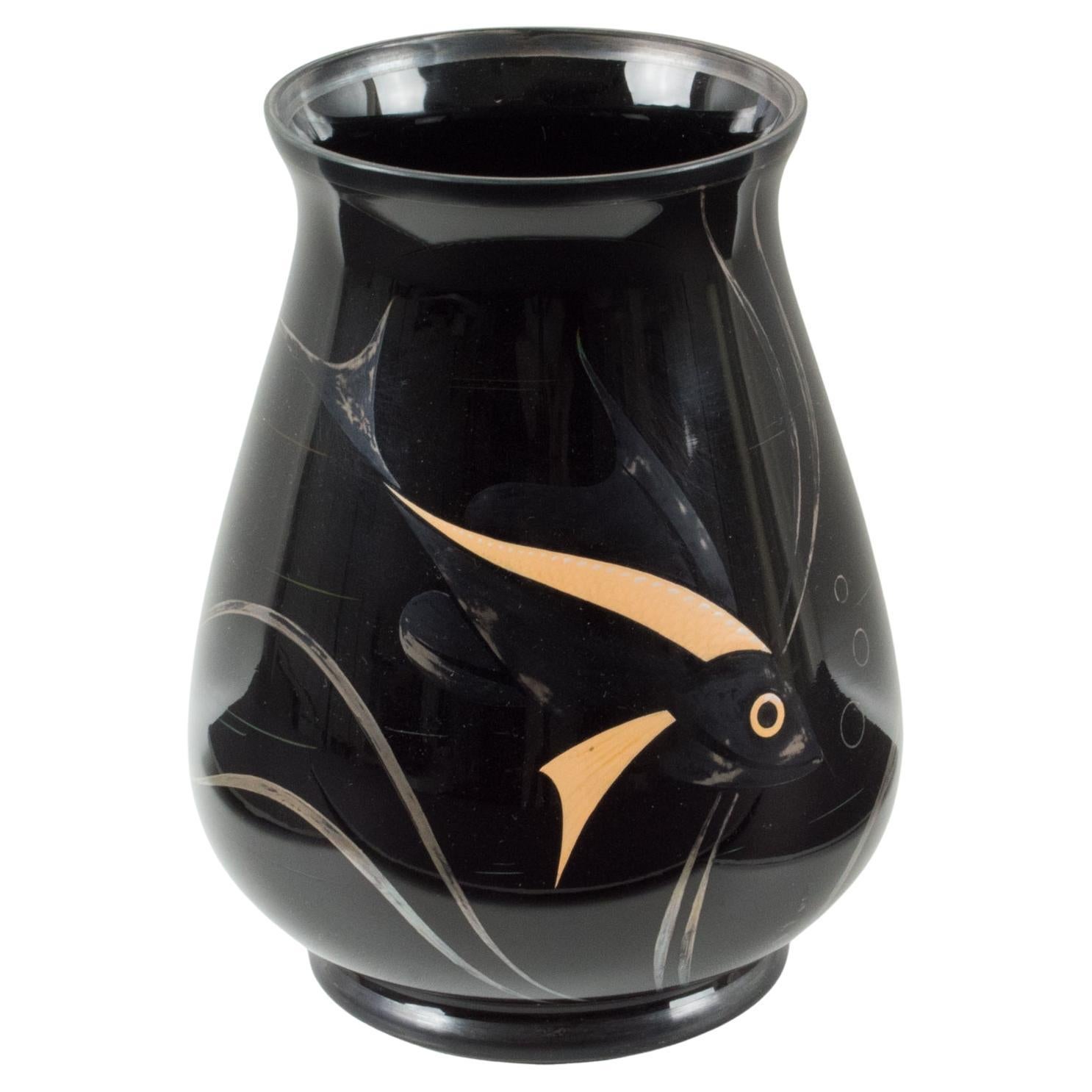 Michel Herman HEM Art Deco Silver Overlay Black Glass Vase, France 1930s en vente