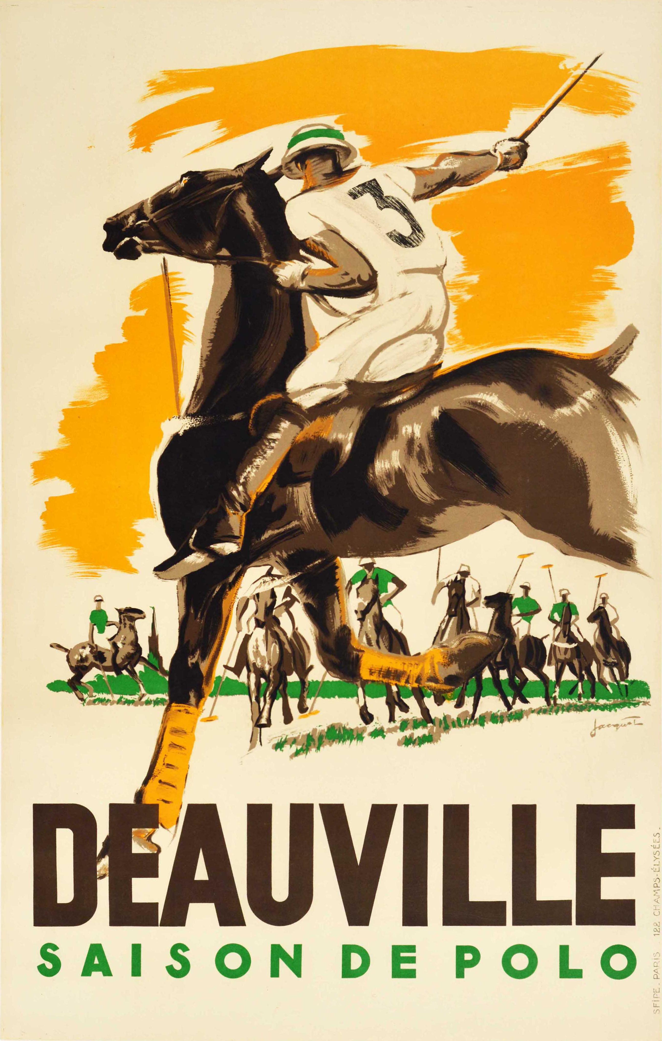 Print Michel Jacquot - Affiche vintage d'origine Deauville Polo Season France, sport équestre, cheval art