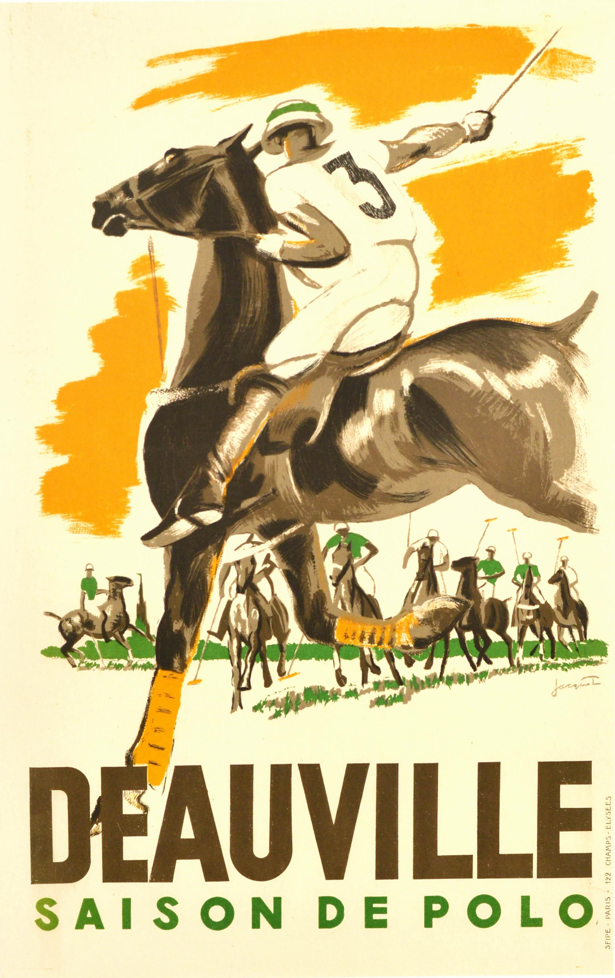 Michel Jacquot Print - Original Vintage Poster Deauville Saison De Polo Season Equestrian Sport Horses