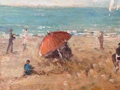 "Un día en la playa Trouville" Pintura al óleo impresionista con figuras y barcos