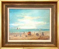 "Un día en la playa Trouville" Pintura al óleo impresionista con figuras y barcos
