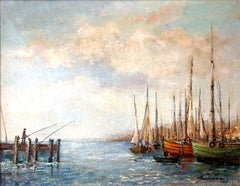 "Fishing by the Harbor" Impressionist Oil Painting on Canvas w Figures & Boats