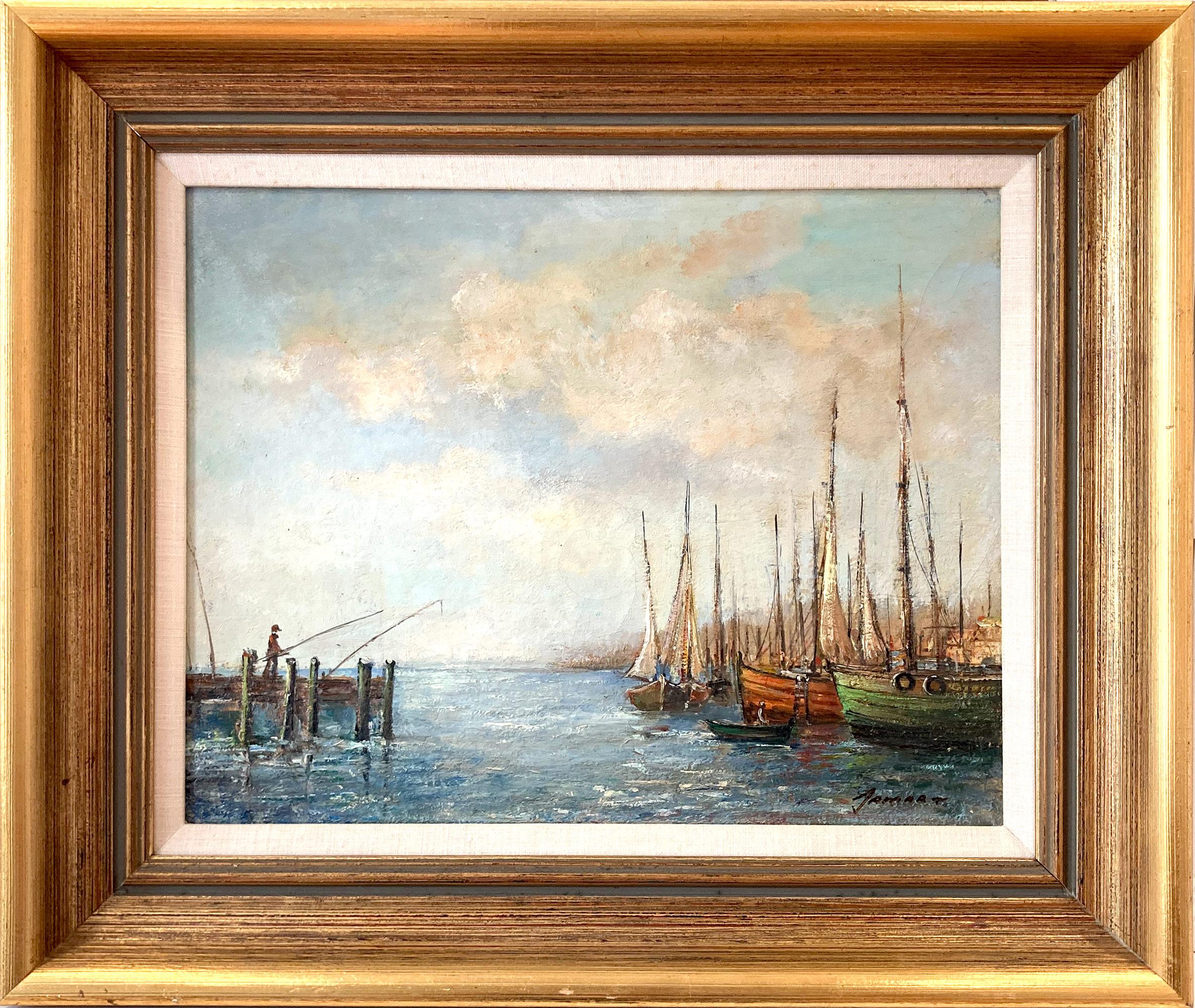 "Angeln am Hafen" Impressionistisches Ölgemälde auf Leinwand mit Figuren und Booten