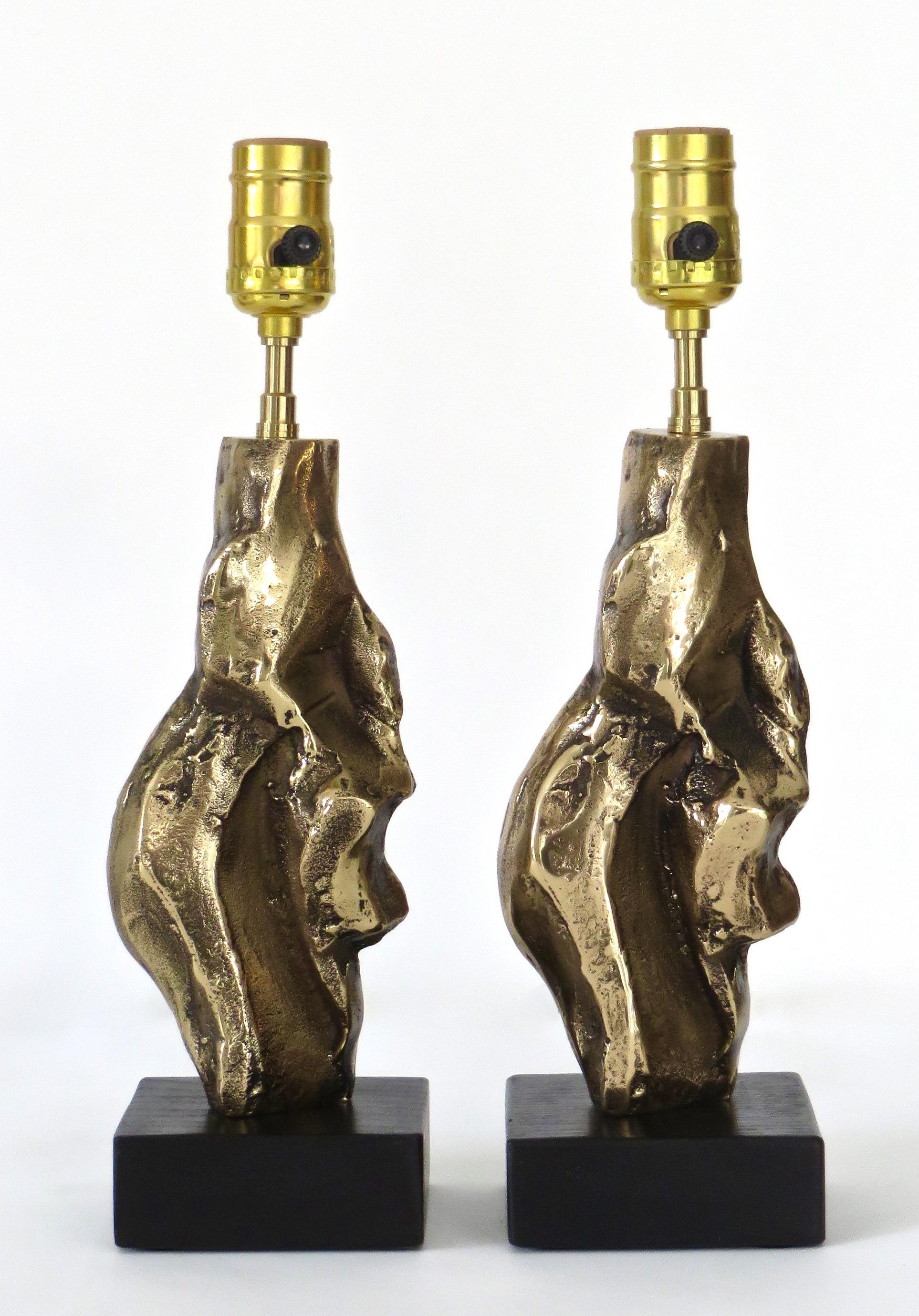 Mid-Century Modern Michel Jaubert French Cast Bronze Sculptural Pair of Table Lamps Signed Jaubert