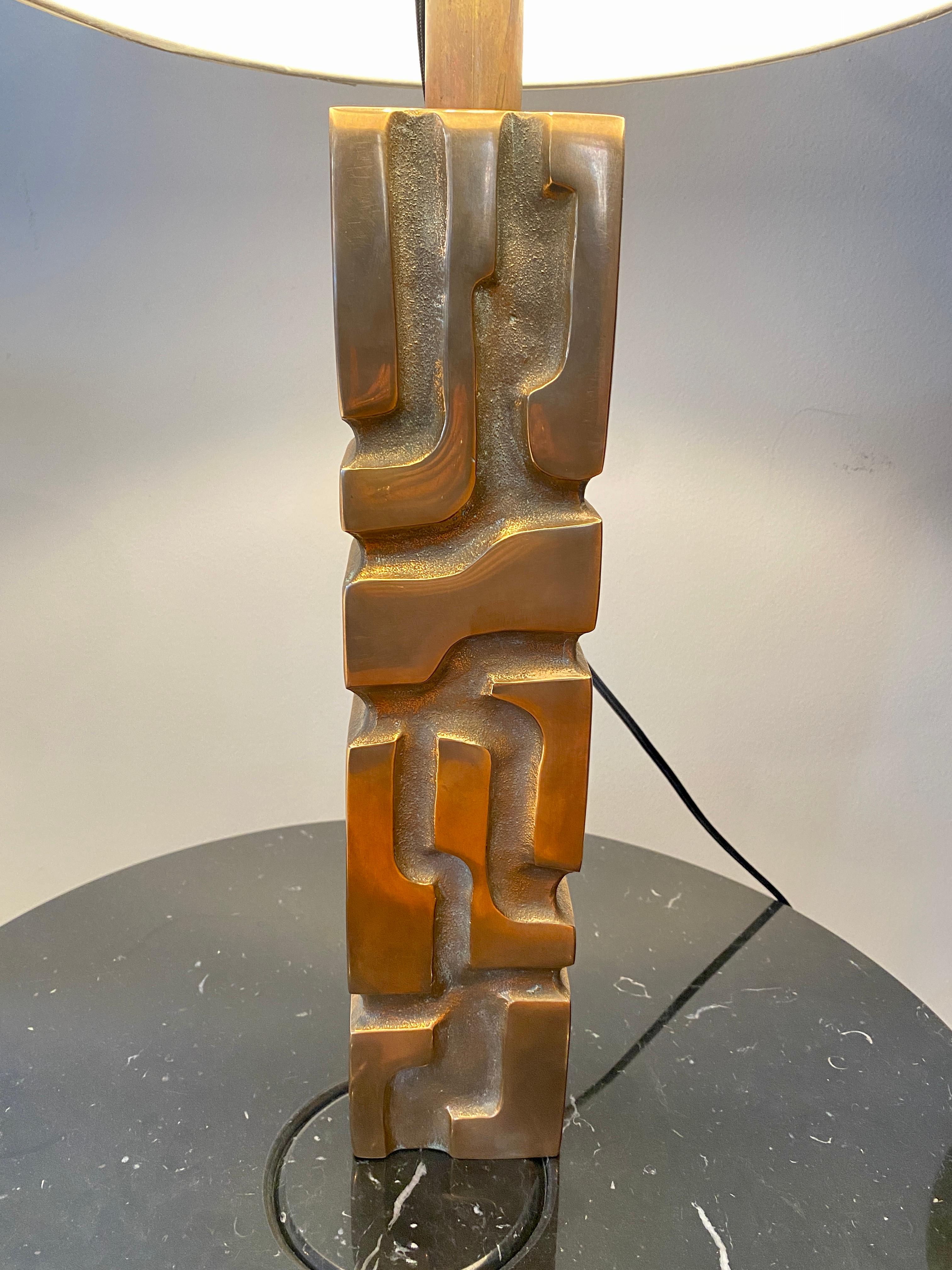 Mid-Century Modern  Michel Jaubert Signed French Tall Cast Bronze Sculptural Table Lamp 