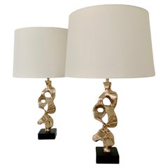 Michel Jaubert Signed Pair Of Sculptural Bronze Table Lamps, circa 1975, France