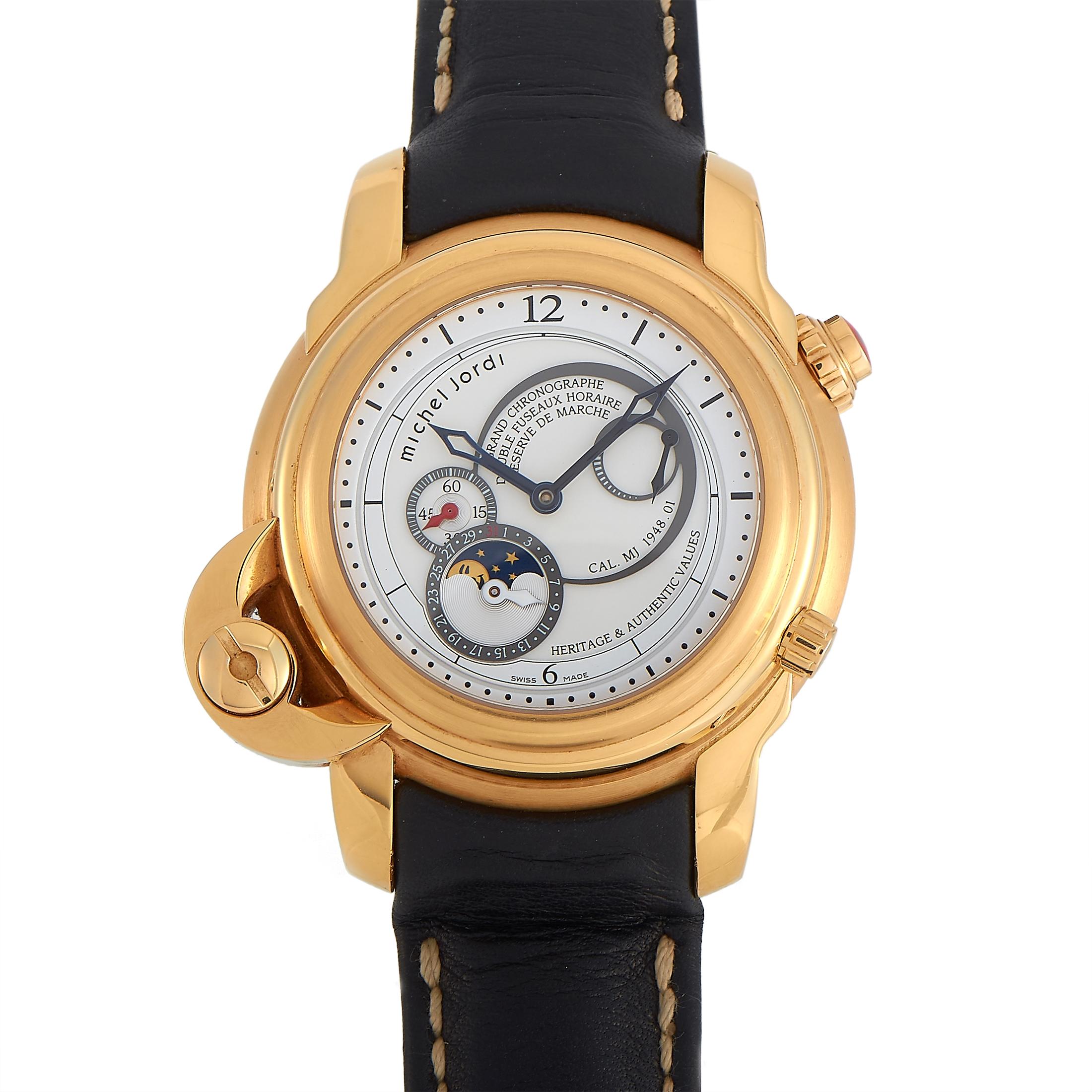 The Michel Jordi Heritage Twins Watch, is a captivating timepiece with a unique sense of style. 

A special twist-lock closure makes this timepiece essentially two watches in one. This exquisite timepiece begins with a 45mm case crafted from 18K