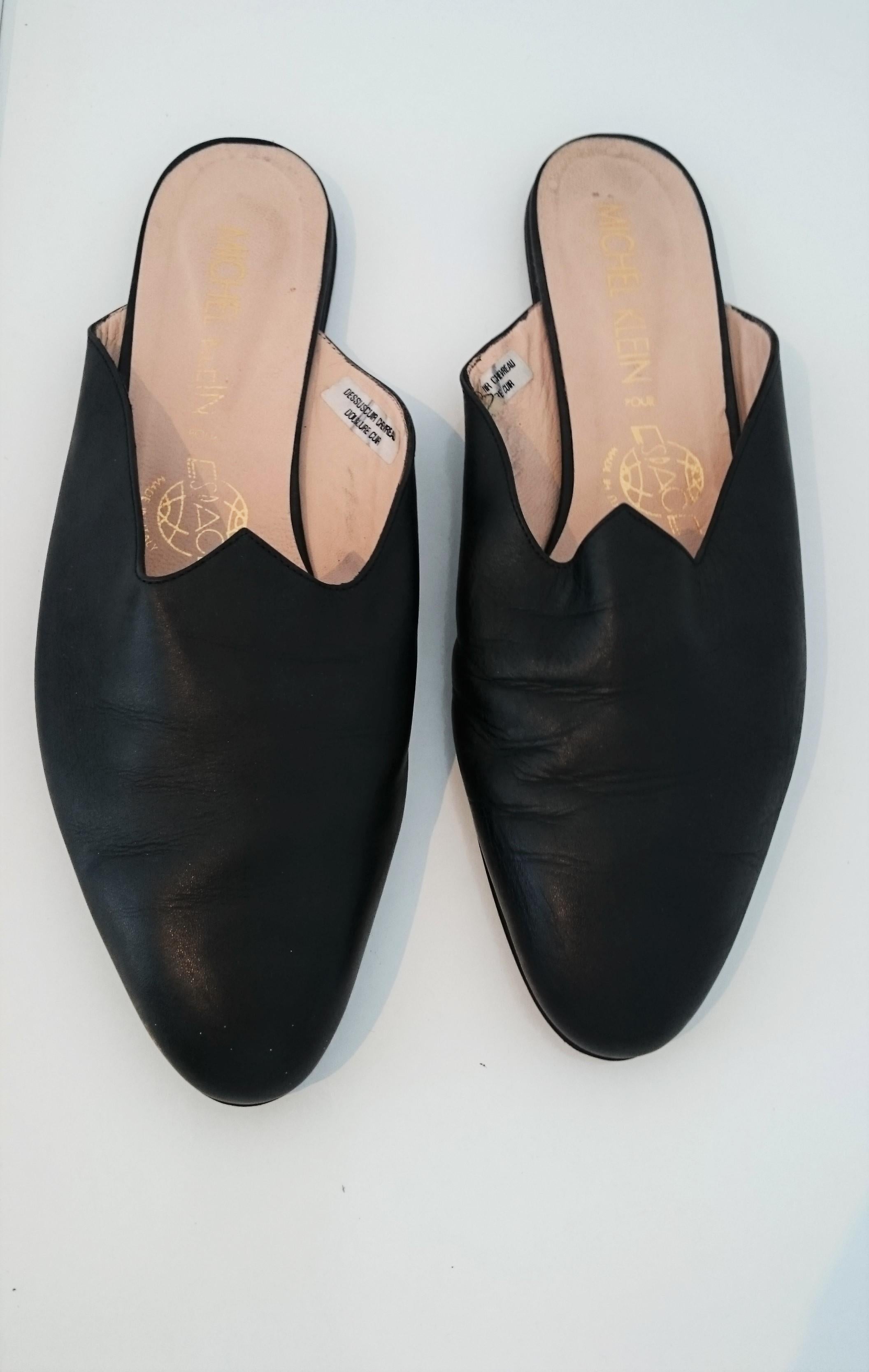 Women's or Men's Michel Klein Black Leather Slippers for Home. Size 9B  For Sale