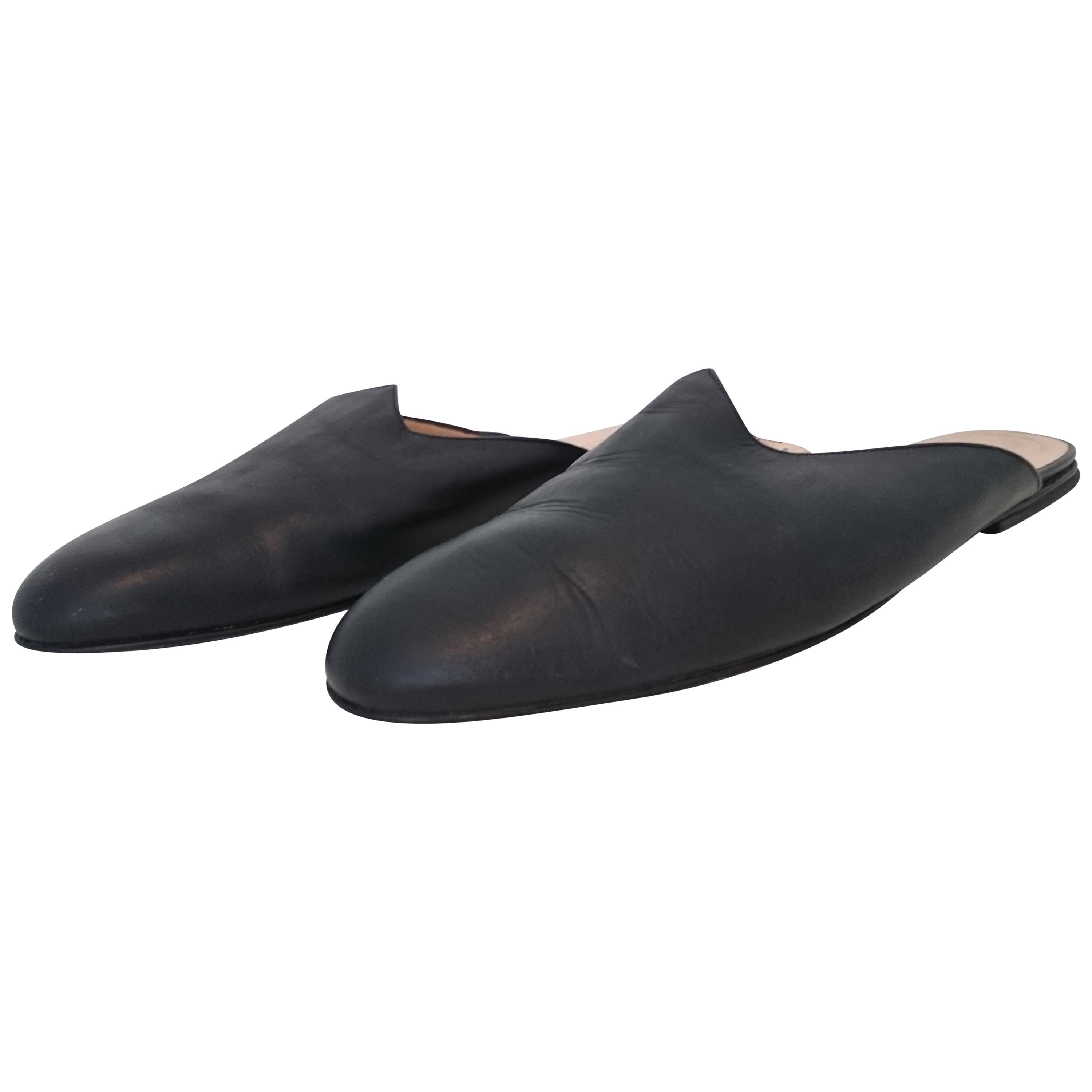 Michel Klein Black Leather Slippers for Home. Size 9B  For Sale