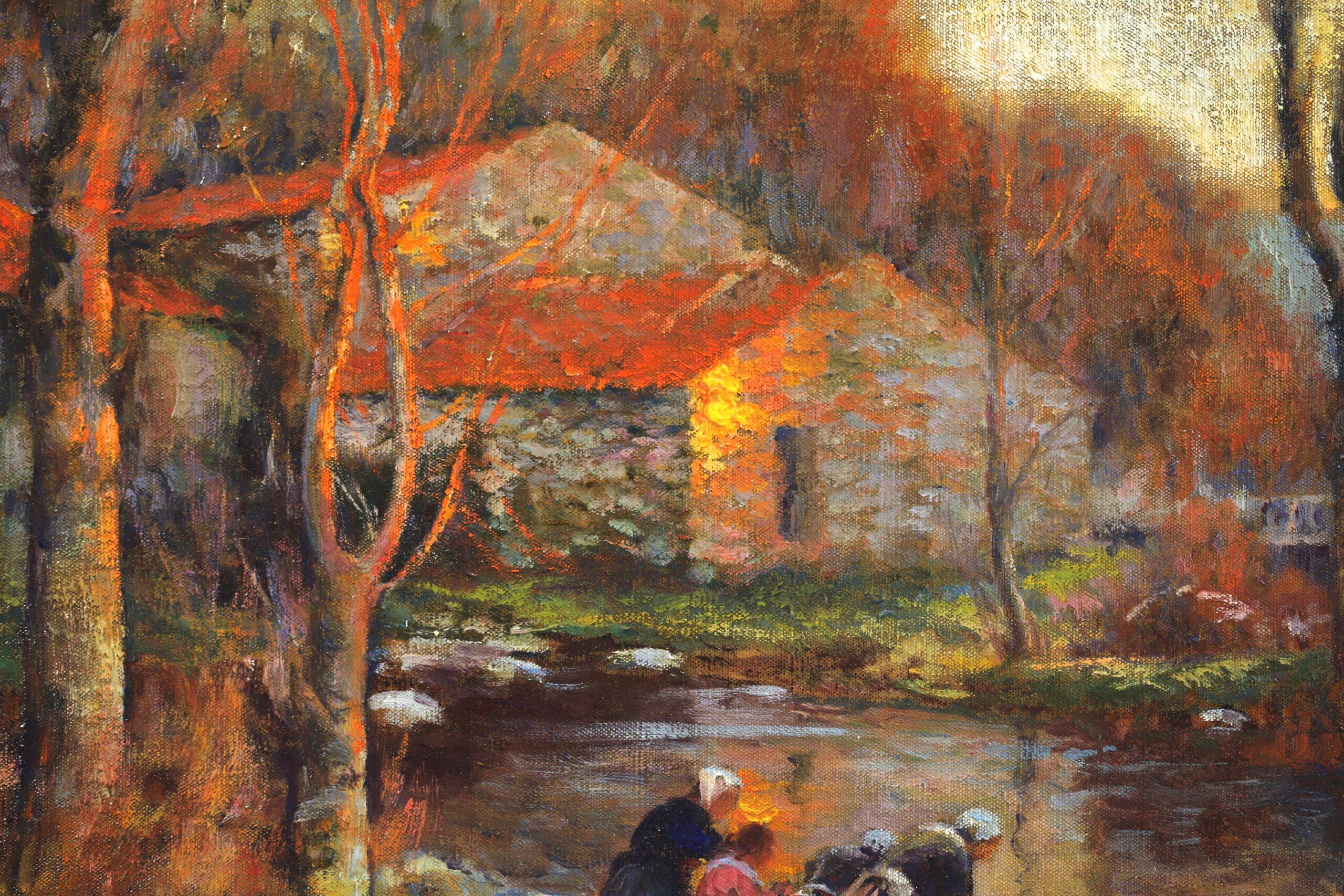 Les Lavandieres - Post Impressionist Landscape Oil Painting - Michel Korochansky For Sale 2