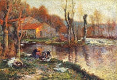 Antique Les Lavandieres - Post Impressionist Landscape Oil Painting - Michel Korochansky