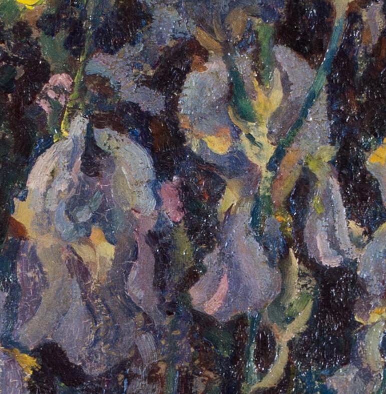 Russian original early 20th Century oil painting of irises 'Iris Mauves' - Painting by Michel Korochansky 