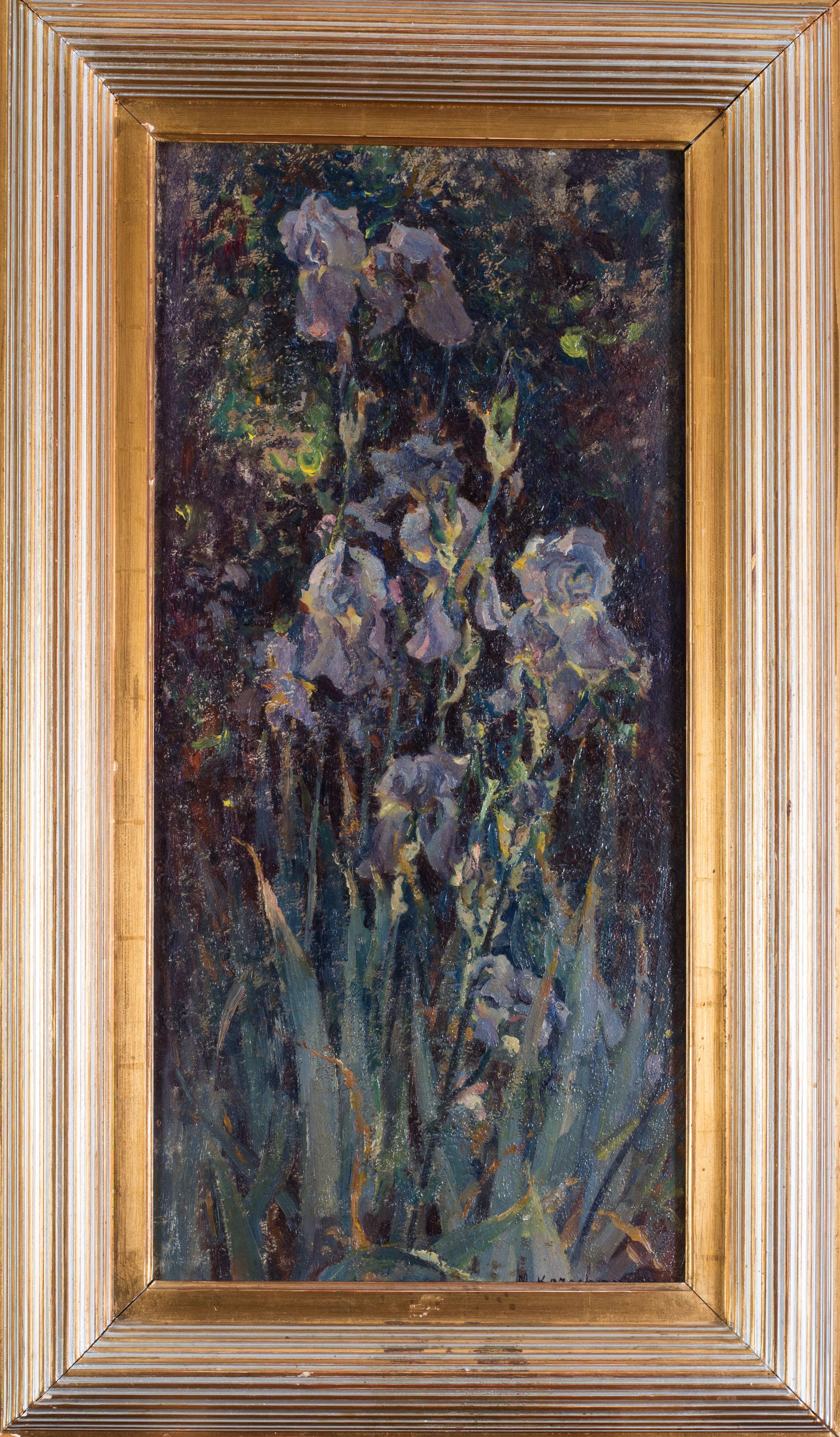 Michel Korochansky  Landscape Painting - Russian original early 20th Century oil painting of irises 'Iris Mauves'