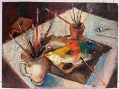 1940's French Post-Impressionist Signed Oil The Artists Studio Palette & Brushes