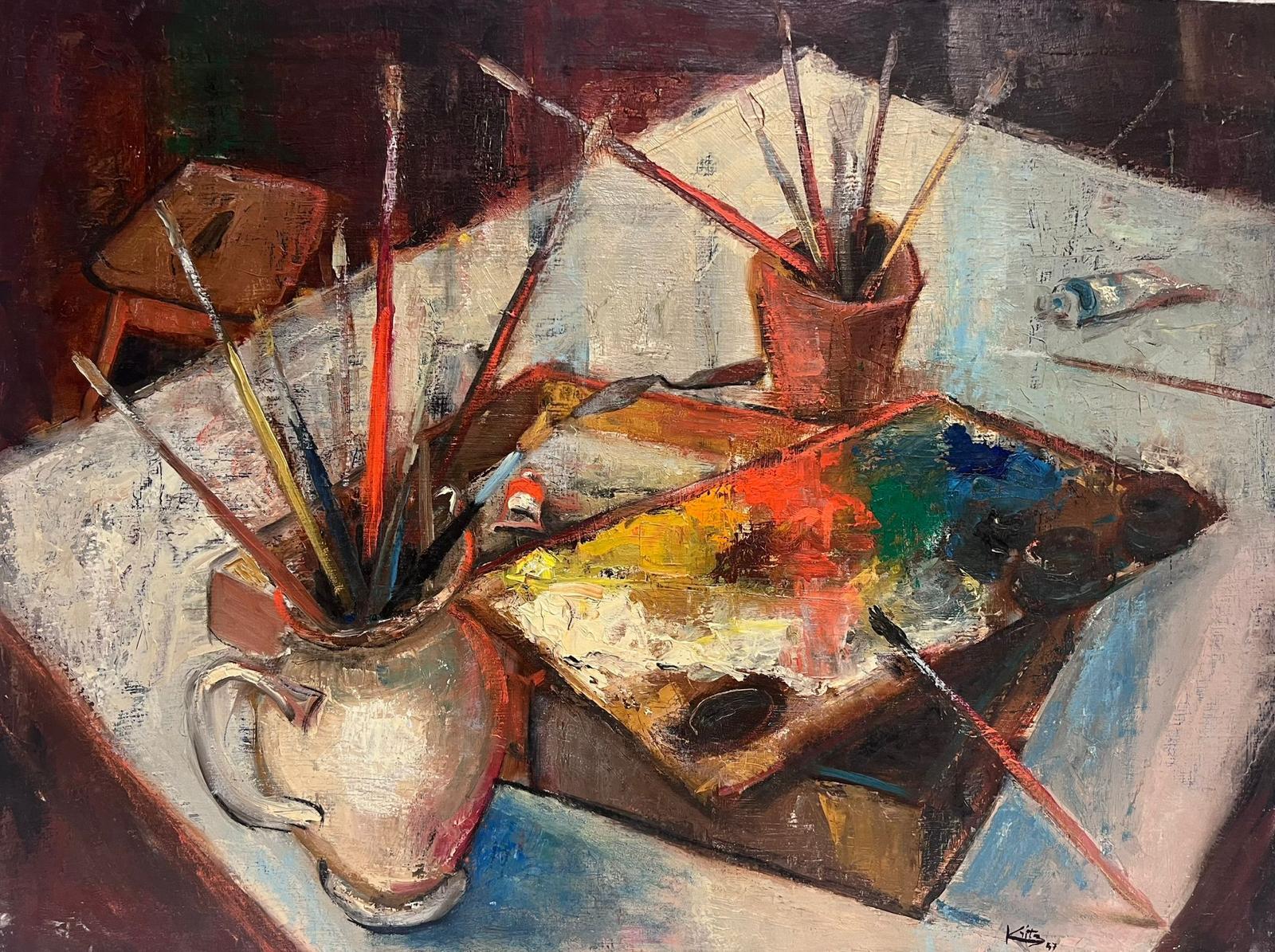 Michel Kritz Interior Painting – 1940's Französisch Post-Impressionist signiert Öl The Artists Studio Palette & Pinsel