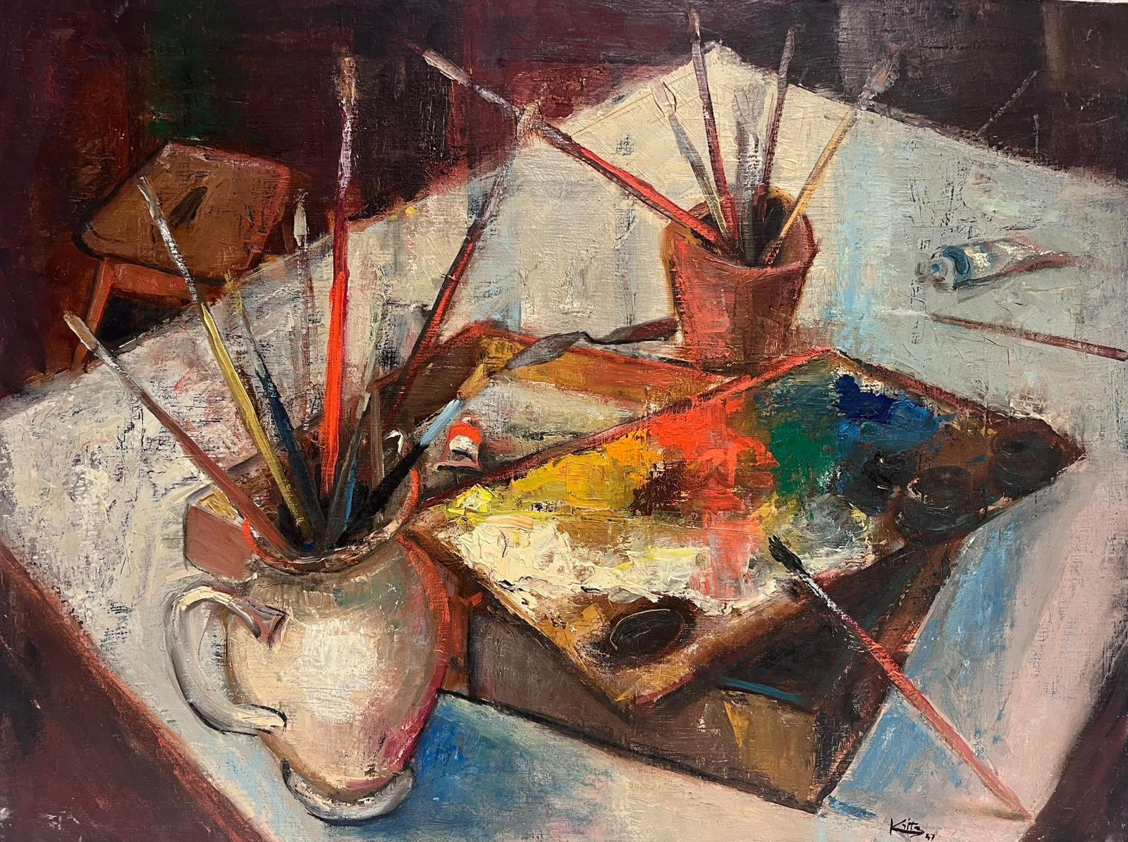 Michel Kritz Interior Painting - 1940's French Post-Impressionist Signed Oil The Artists Studio Palette & Brushes