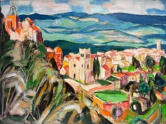 Peinture à l'huile moderniste française de paysage provençal coloré et dramatique des années 1960 