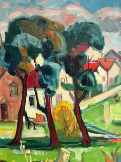 1960's French Modernist Cubist Oil Painting View of an Old French Town