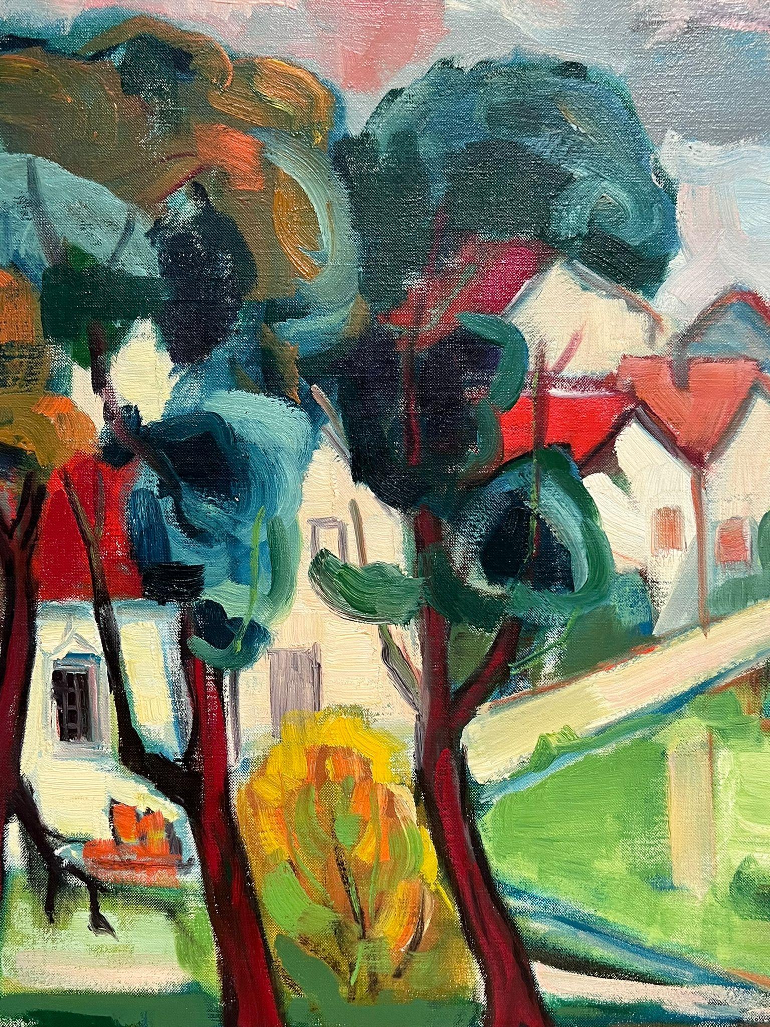  1960's French Modernist Cubist Oil Painting View of an Old French Town For Sale 2