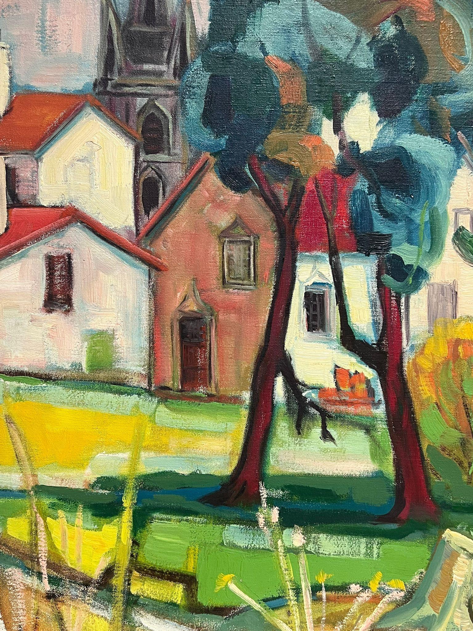  1960's French Modernist Cubist Oil Painting View of an Old French Town For Sale 3
