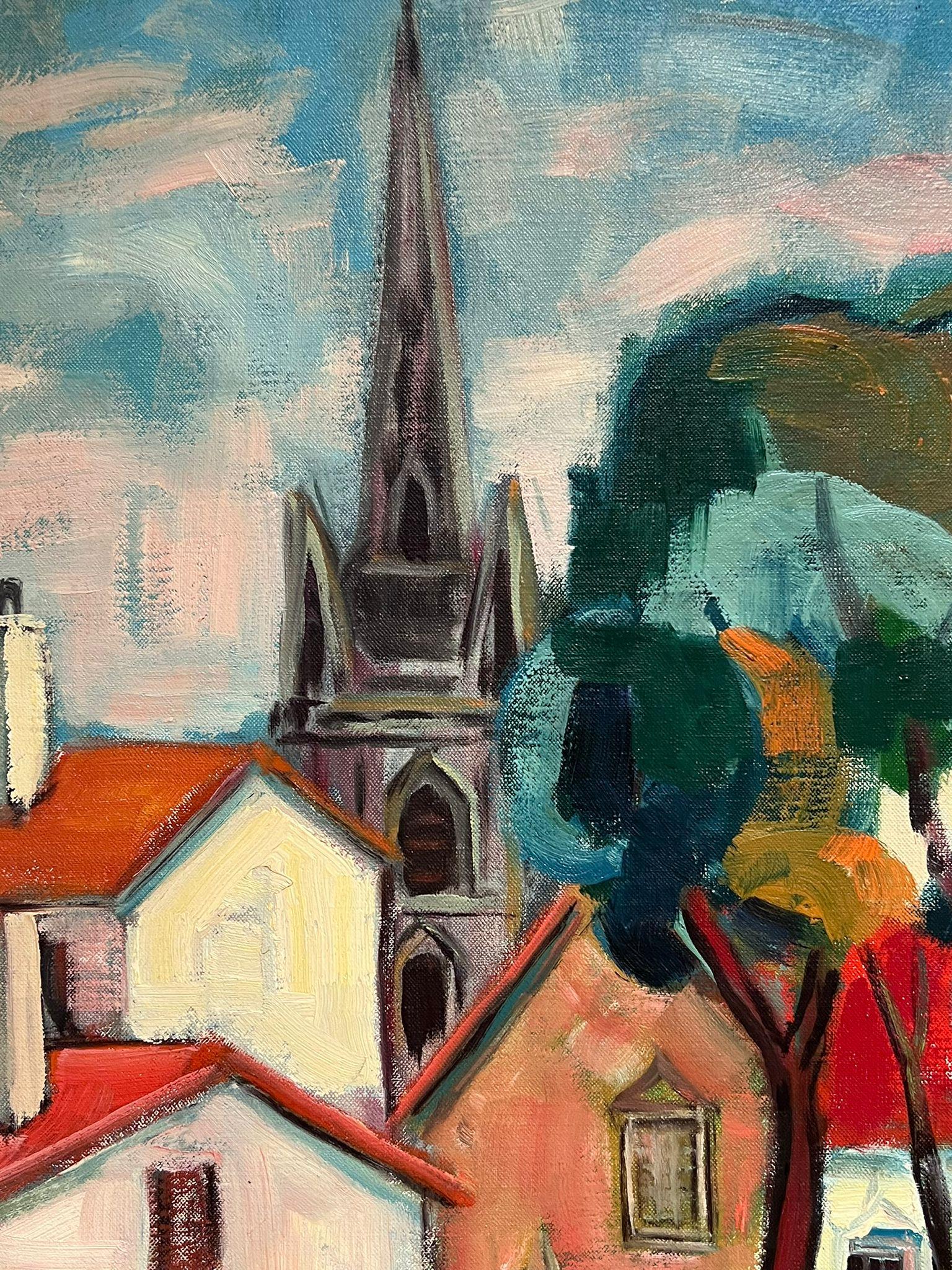  1960's French Modernist Cubist Oil Painting View of an Old French Town For Sale 4