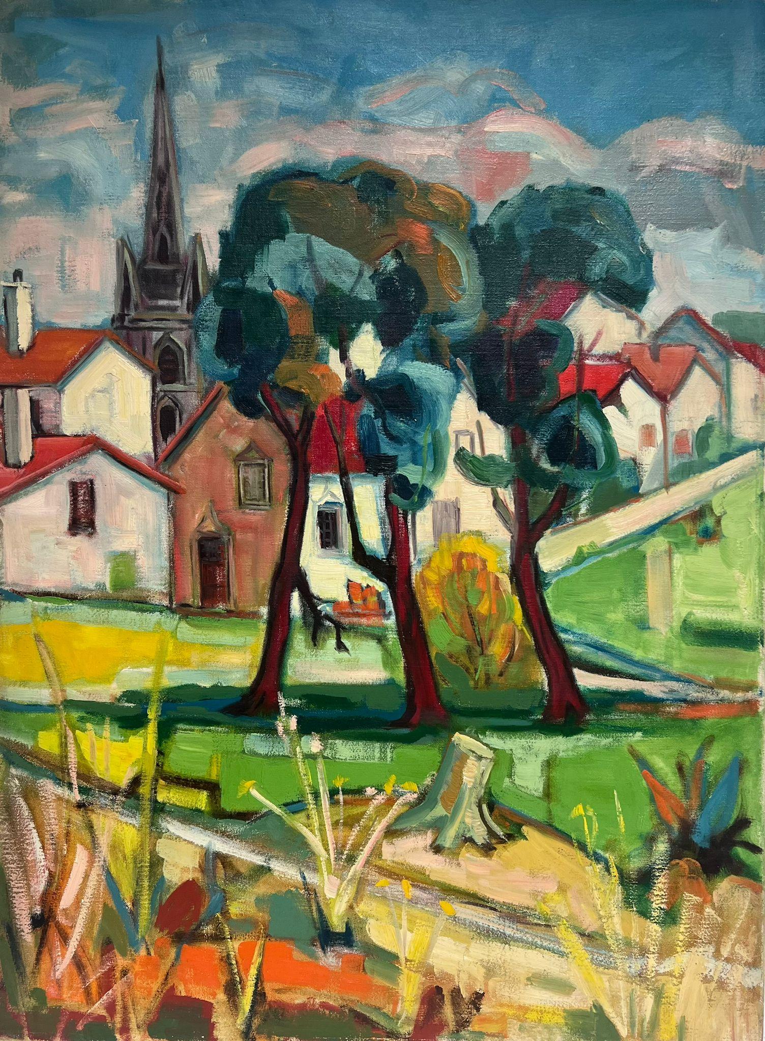  1960's French Modernist Cubist Oil Painting View of an Old French Town