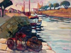 1960s Huge French Post Impressionist Signed Oil Painting Boats in Harbor Estuary