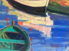 Barche colorate nel porto dell'estuario Pittura ad olio firmata dal modernista francese degli anni '60