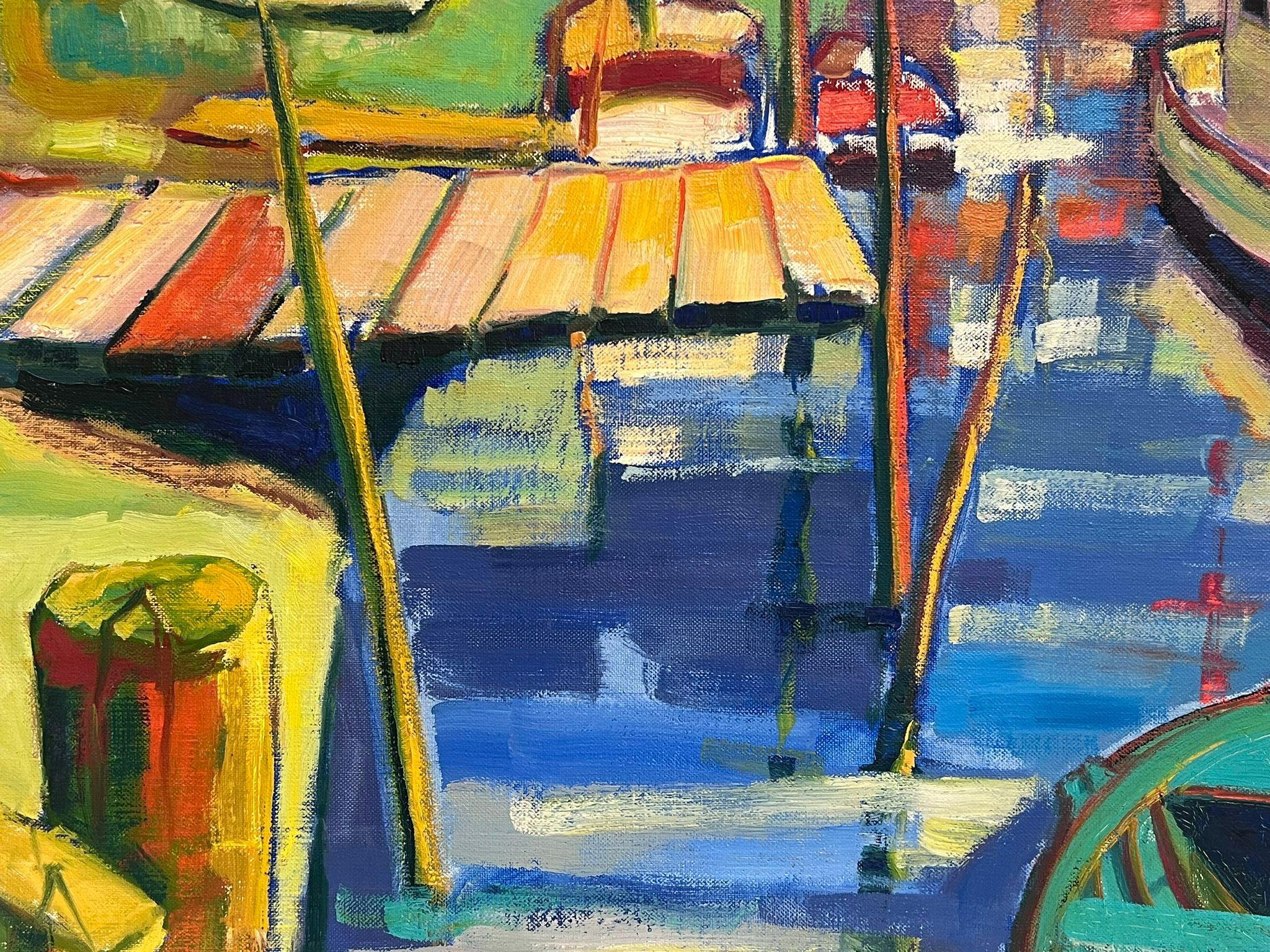 Colorful Boats in Estuary Harbor 1960's French Modernist Signed Oil Painting - Gray Landscape Painting by Michel Kritz