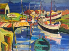 Peinture à l'huile moderniste française des années 1960 représentant des bateaux colorés dans le port d'Estuary