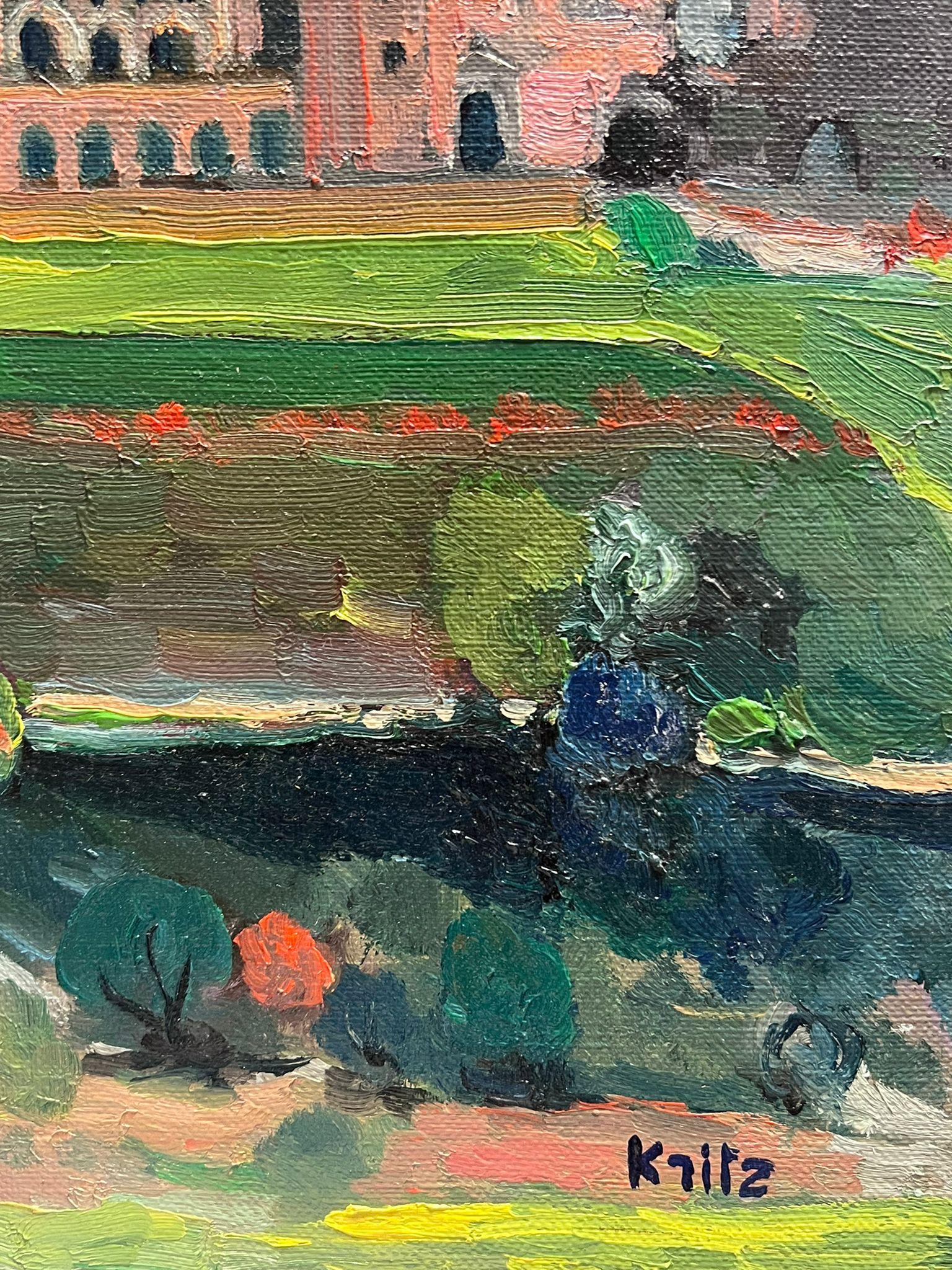 Französischer Impressionist Signiertes Öl Schlossgebäude in Landschaft (Grau), Landscape Painting, von Michel Kritz