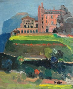 Huile impressionniste française signée représentant un château dans un paysage