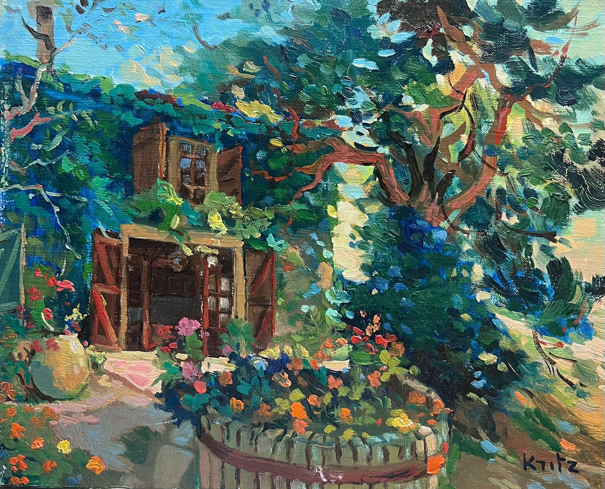 Olio firmato da un impressionista francese Casa e giardini di campagna alla luce del sole 1