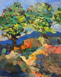 French Impressionist Signed Oil Old Stone Cottage in Provence Sunny Landscape