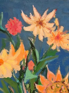 French Impressionist Signed Oil Sunflowers in Interior Room Setting 20th Century
