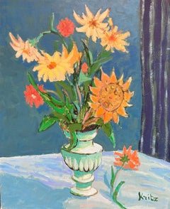 Französisch-impressionistische signierte Öl-Sonnenblumen im Impressionismus-Stil in Innenraum, signiert, 20. Jahrhundert