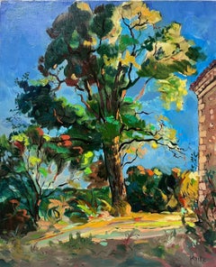 Französischer Impressionist Signiert Öl Baum in Landschaft in Sonnenschein gebadet