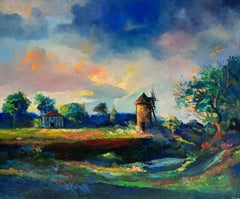 French Post Impressionist Signed Oil Painting Beautiful Sunset Sky Windmill
