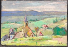 French Post Impressionist Signed Oil Painting Soft Green Landscape Old Town 1957