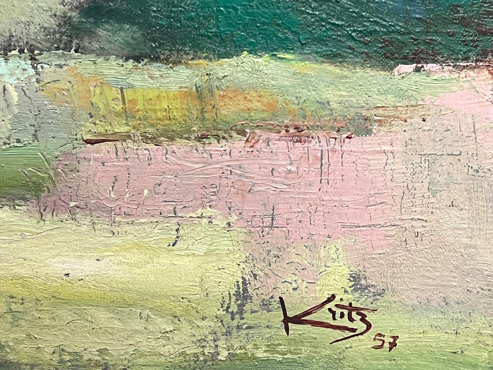 French Post Impressionist Signed Oil Painting Soft Green Landscape Old Town 1957 - Beige Landscape Painting by Michel Kritz