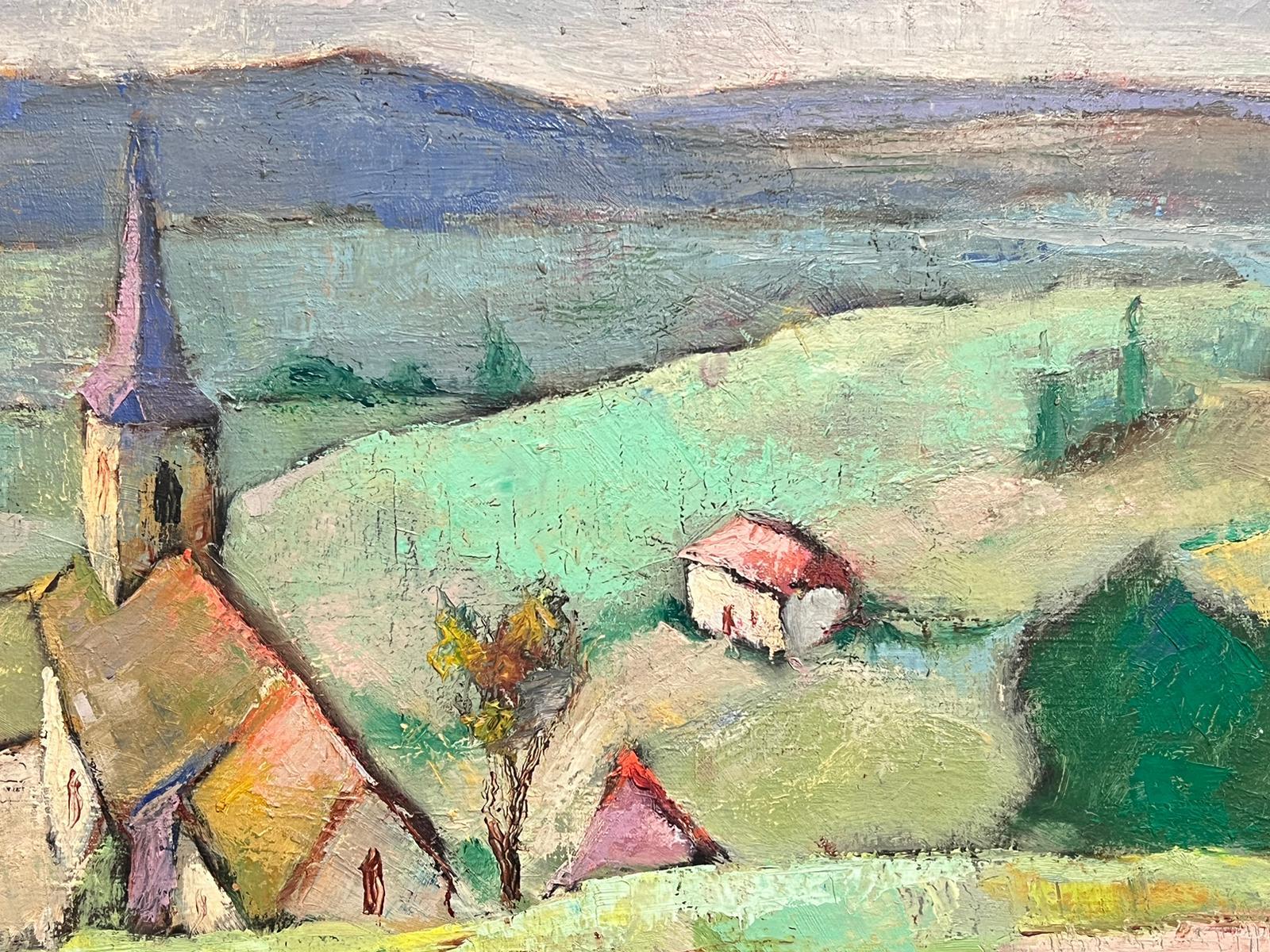 French Post Impressionist Signed Oil Painting Soft Green Landscape Old Town 1957 For Sale 1