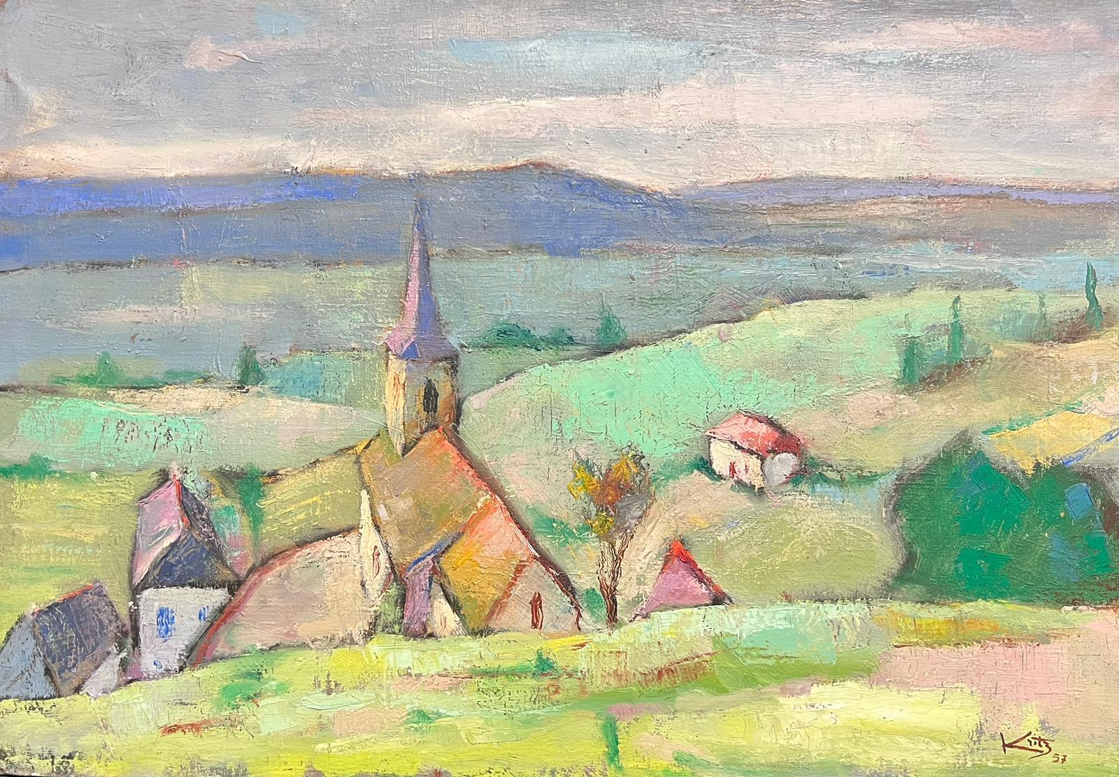 Michel Kritz Landscape Painting - French Post Impressionist Signed Oil Painting Soft Green Landscape Old Town 1957