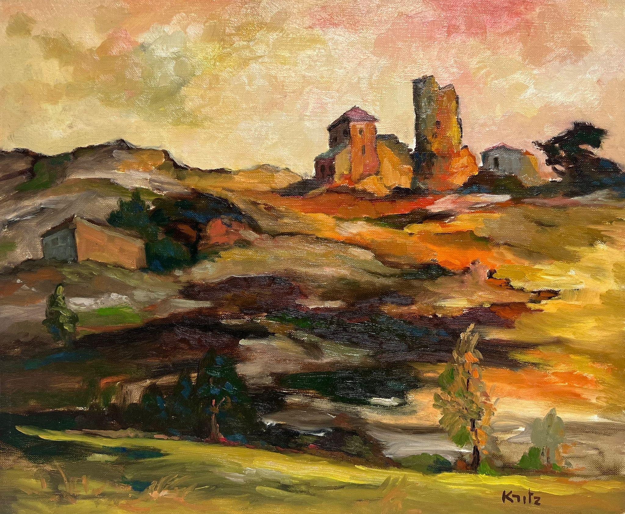 Michel Kritz Landscape Painting - French Post Impressionist Signed Oil Painting Sunset Old Chateau Ruins Landscape