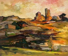 Französisches postimpressionistisches Ölgemälde, signiert, Sonnenuntergang, Old Chateau Ruins, Landschaft