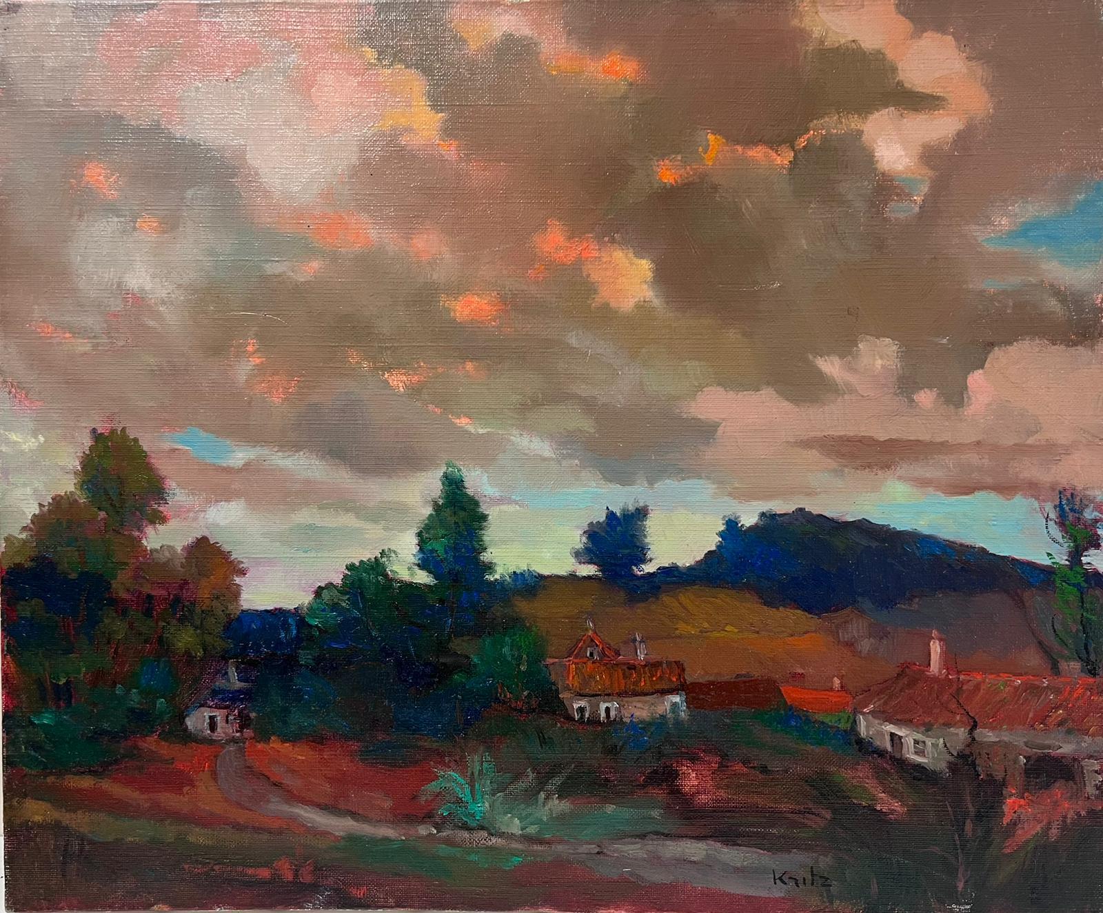 Michel Kritz Landscape Painting – Französisch Post Impressionist signiert Ölgemälde Sonnenuntergang Himmel über einer französischen Stadt